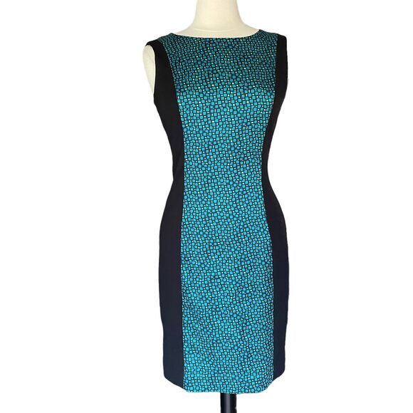 T Tahari Dresses & Skirts - Womens T Tahari Black Sz S Knee Length Sheath Dress Teal Graphic Insert Back Zip